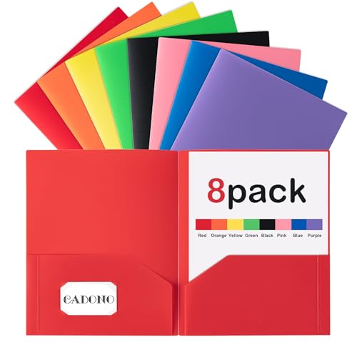 CADONO 8-Pack Multicolored Plastic Pocket Folders for Office & School