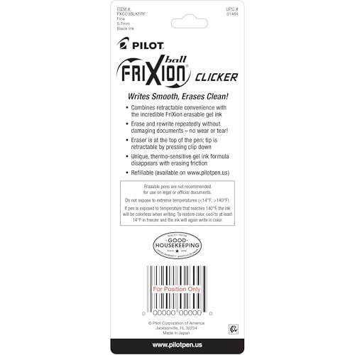 Pilot FriXion Clicker Erasable Gel Pens - Fine Point 0.7mm Black Ink, 3-Pack