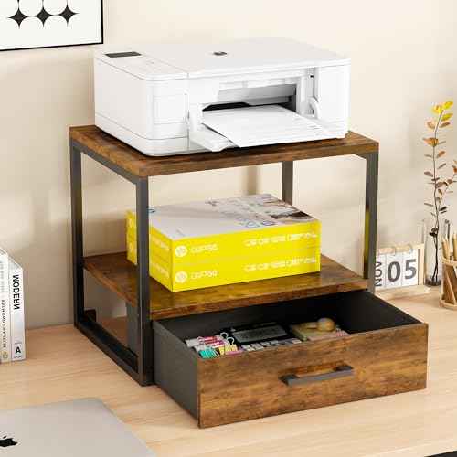 Homeiju 3-Tier Vintage Brown Printer Stand with Storage, Drawer, Multi-Purpose Desk Shelf, Heavy Duty Desktop Shelf/Printer Table for Home Office