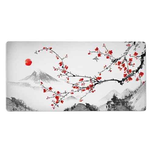 AQQA Extended Gaming Mouse Pad Cherry Blossoms Japanese XXXXL Full Desk Mousepad 48" x 24", Non Slip Desk Mat with Stitched Edge Computer Keyboard Mat for Office