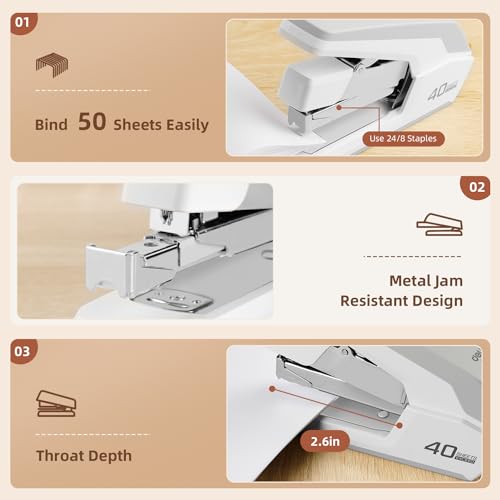 Deli White Heavy Duty Desktop Stapler - 40-50 Sheet Capacity, Jam-Free, Effortless One-Finger Stapling