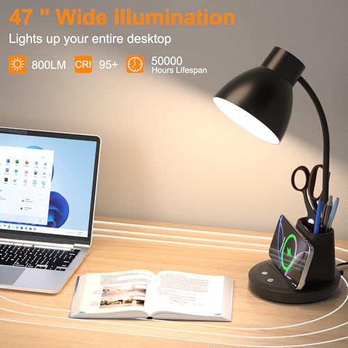 Black 10W Wireless Charging LED Desk Lamp with Pen Holder - Eye-Caring, Adjustable Brightness