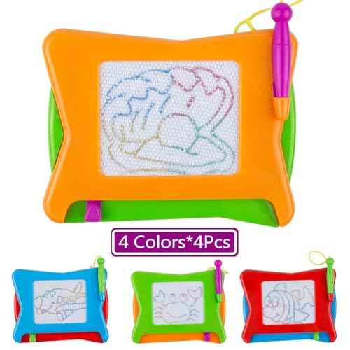 16pc Mini Magnetic Drawing Board, 4-Colors Travel Size Erasable Doodle Magna Board Toy, Small Writing Painting Sketching Pad, Educational Learning and Classroom Prizes for Toddler Boy Girl Kids Child
