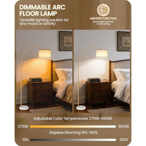 75" Arc Floor Lamp with Marble Base and Adjustable Height, Rotating Hanging Shade, Dimmable Gold Floor Lamp for Living Room with Remote and Foot Switch, 3 Color Temperatures, Timer, DE15LD05
