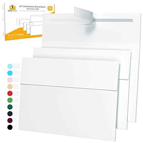 5x7 Envelopes for Invitations - 110 White Envelopes for 5x7 Cards - A7 - (5 ¨ù x 7 ¨ù inches) - Perfect for Weddings, Graduation, Baby Shower - 120 GSM - Peel, Press & Self Seal - Square Flap