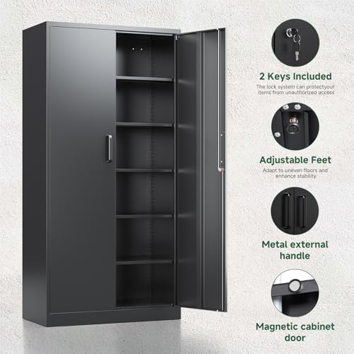 Letaya Metal Garage Storage Cabinets with Lock, 72 Inch Tall Steel Locker, 5 Adjustable Shelves, Black (72" x 36" x 18")