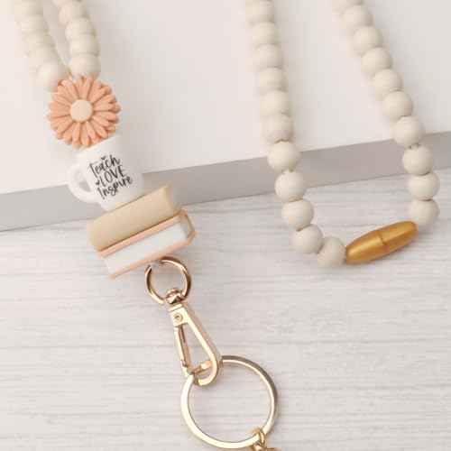 Teacher Lanyard with ID Holder, Fashion Wood Beaded Lanyard for Keys, Super Cute Boho Breakaway Lanyard for Women, 19.5