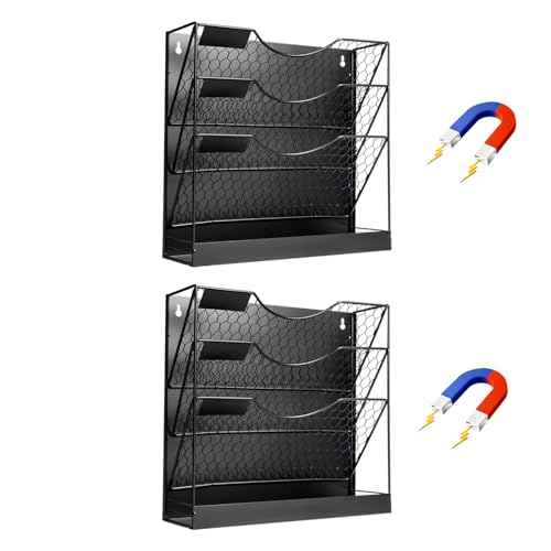 Magnetic File Holders, 4 Tier Magnetic Paper Holders for Office File Cabinet,Refrigerator, Whiteboard, No Drilling Installation Magnetic Mail Holder Basket Storage Folder Holder,2pack