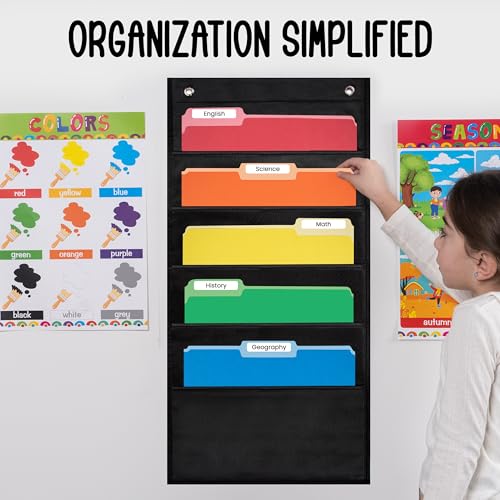 Essex Wares 5 Pocket File Folder Organizer - Black, 14x24 inch Hanging Wall Chart