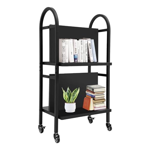 2-Tier Rolling Book Cart, 34” Tall, 100 lb Capacity - Double-Sided Mobile Library Cart with 4 Locking Wheels