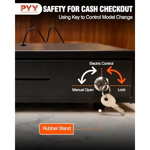 PYY Cash Drawer - 4 Bill & 5 Coin Slots Electronic Cash Register Drawer with 2 Keys for Lock and Removable Cash Tray, Auto Open Money Drawer with RJ11 Cable for POS Systems, for Small Business Retail