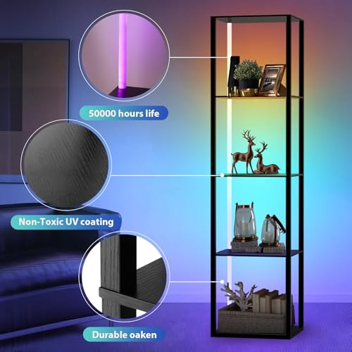 5 Tiers RGB Corner Shelf with LED Light, 63.78" Tall Display Shelf for Collectibles, LED Corner Floor Lamp with APP and Remote Control for Living Room Bedroom