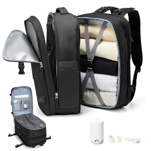 Black Vacuum Seal Travel Backpack Expandable Air Vacpack Backpacks with Air Pump Seal Air Packing Vacuum System Personal Item Carry On Travel Bag Seal Compression Bags Large Laptop Backpack