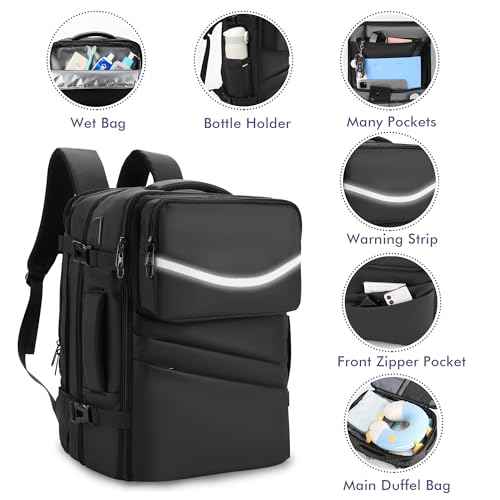45L Expandable Travel Backpack for Men Women, Airplane Approved Weekender Bag,Waterproof Business Commuting17.3Inch Laptop Backpack,Travel Gifts for Men Women (Black)
