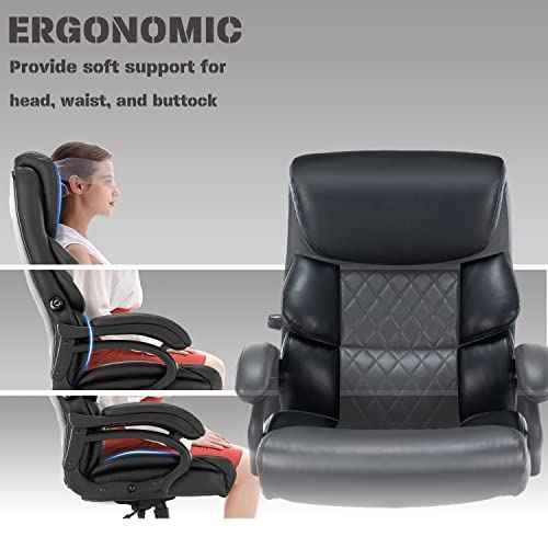 Big and Tall Office Chair- 500 LBS Heavy Duty Executive Rolling Office Chairs for Heavy People with Adjustable Lumbar Support High Back Faux Leather Computer Office Chairs Wide Seat Plus Size Black