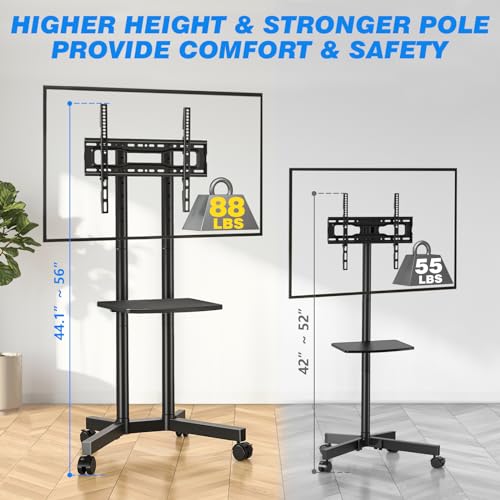 Rfiver Rolling TV Stand with Shelf - Height Adjustable Mobile TV Cart for 32-75 Inch TVs, Upgraded 360° Wheels, 88 lb Capacity, With Shelf