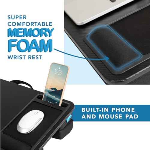 LAPGEAR Large Adjustable Lap Desk with Memory Foam Wrist Rest, Mouse Pad, Phone Holder, Device Ledge, and Booster Cushion - Black Carbon - Fits up to 15.6 Inch Laptops - Style No. 88008