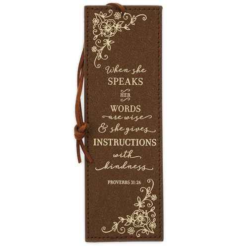 Christian Art Gifts Premium Vegan Faux Leather Scripture Bookmark for Women: When She Speaks - Proverbs 31:26 Inspirational Bible Verse, Heat-Debossed, Faith-Based Reading Accessory with Cord, Brown
