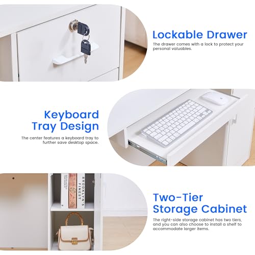 50-Inch Modern Reception Desk with Lockable Drawer, Keyboard Tray, Built-In Power, LED Lights