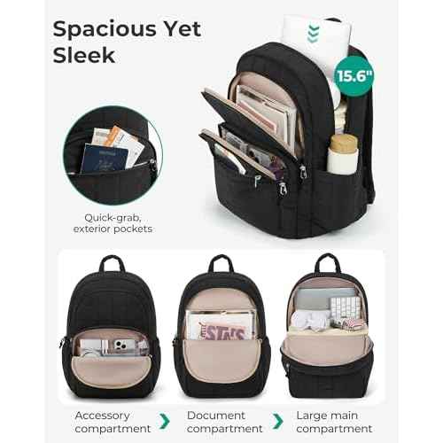 BAGSMART College Laptop Backpack, Travel Backpack for Women, Quilted Casual Daypack, Water-Resistant Bookbag for 15.6 Inch Laptop, Black
