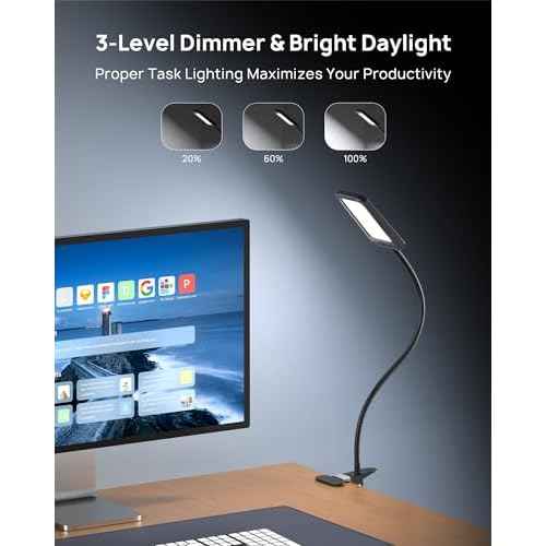 TROND LED Desk Lamp with Clamp, 1000LM Super Bright 3-Level Dimmable Desk Light 6000K Daylight, Extra-Long Flexible Gooseneck Clip on Light, Eye-Care Clamp Lamp for Painting, Workbench,Reading, Sewing