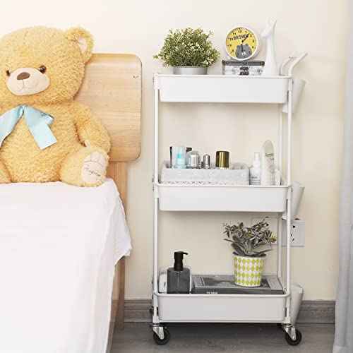 3-Tier Utility Rolling Cart,Mobile Utility Cart with Lockable Caster Wheels,Storage Shelves Organizer Cart, 3 Hanging Baskets, Easy Assembly,for Bathroom, Kitchen, Office, Workshop