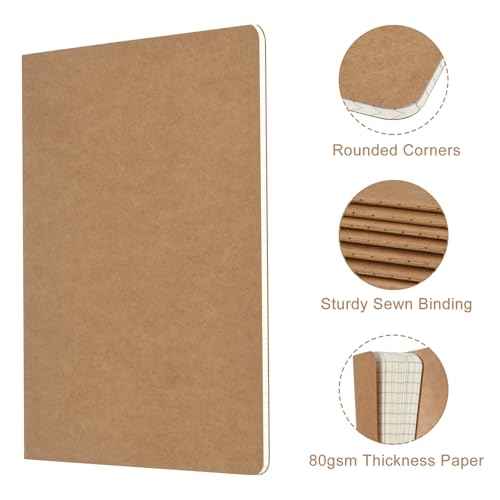 ZCZN 5 Pack A5 Kraft Notebooks Bulk, 8.15x5.5 Inches Graph Paper Journaling Notebooks, Notebooks for Work, Composition Notebooks for School, Journal Notebooks for Office, 60 Pages