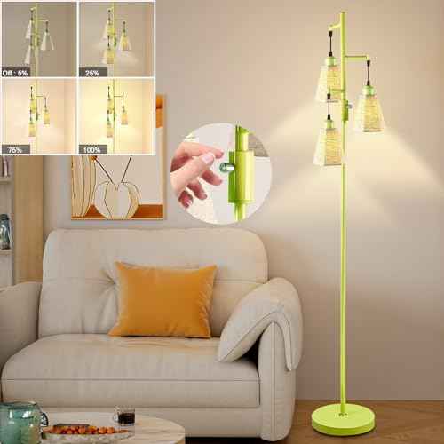 Lightdot 68IN Dimmable Floor Lamp for Living Room, Industrial 3-Light Tree Floor Lamps with LED E26 Bulbs Included, Mid Century Floor Lamp with Fabric Patterned Lampshades for Bedroom Hom Office-Green
