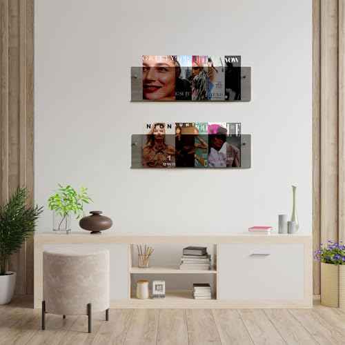 2 Pack Acrylic Magazine Holder, Wall Mounted Magazine Rack Floating Bookshelf for Waiting Room, Living Room, Office, Home (Black, 24 Inch)