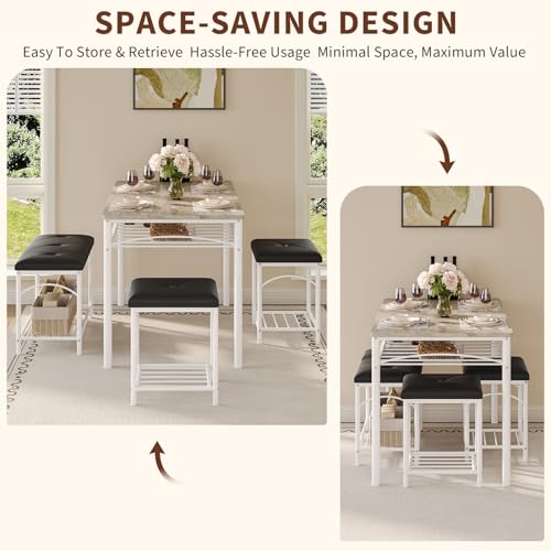 Garvee White Dining Table Set for 4 with Upholstered Bench, 2 Stools + Storage Rack
