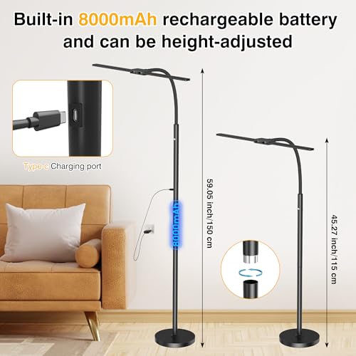 Cordless Rechargeable Floor Lamp, Adjustable Bright Reading Lamps Floor Standing, 15W Dual Head Gooseneck LED Bright Floor Lamp for Dark Rooms with 8000mAh Battery£¬ IP54 Home Lighting