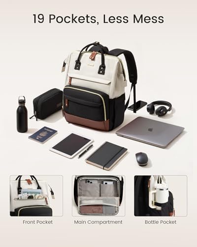 LOVEVOOK 15.6 Inch Waterproof Laptop Backpack for Women - Beige-Black