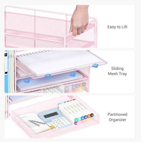 Desk Organizers and Accessories with File Holder, 5-Tier Office Desk Accessories & Workspace Desktop Organizer with Drawer and 2 Pen Holder, File Paper Organizer for Office Supplies(Pink)
