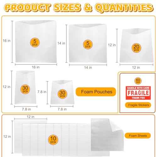 160 Pcs Packing Moving Foam Pouches & Sheets, 5 Sizes Cushion Foam Wrap Pouches with Fragile Stickers for Protect Dishes Cup Glasses Storage Supplies (7.8X7.8", 7.8X12", 12X12", 14X14", 16X16")