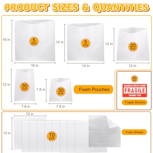 160 Pcs Packing Foam Pouches & Sheets, 5 Sizes Cushion Wrap