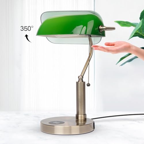 FIRVRE Glass Bankers Desk Lamp with Wireless Charger, 2 USB Charging Port, Vintage Desk Lamp with Pull Chain Switch, Retro Table Lamps for Home Office, Piano, Library (Bulb Included)