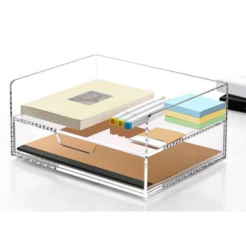 SANRUI Desk Organizer with Sliding Drawer Desk Organizers and Accessories for Office Organization and Storage, Acrylic File Organizer Drawer Stackable 2-Tier Paper Organizer,Clear