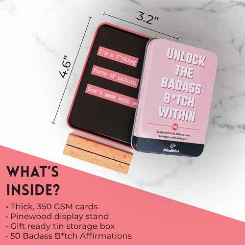 Badass Affirmation Card for Women - 50 Funny, Sweary Affirmation Cards in Tin Box with Wooden Stand - Motivational & Inspirational Gifts - Unique Birthday Gifts for Women, Best Friend, Sister