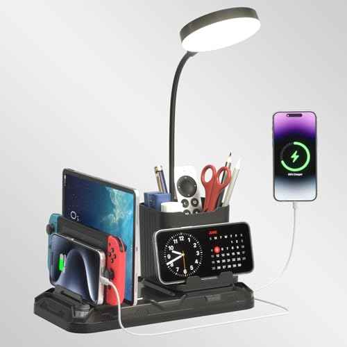 KDD Desk Lamp with USB A&C Charger Ports - Reading Desktop Light with Pen & Phone Holder - Adjustable Brightness Lights with Device Slots - 360¡ÆGooseneck Table Lamp for Home Office College Dorm Room