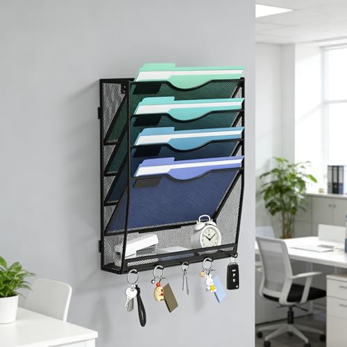 Gawerk 4+1-Tier Wall-Mounted File Organizer with 5 Hooks - Office & Home Mail Storage