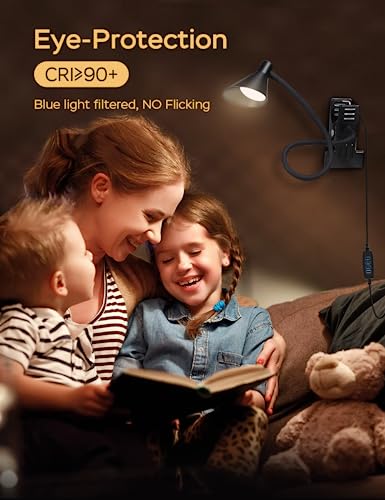 LiFMIRA Clip-On USB Reading Desk Lamp with 3 Color Modes Black