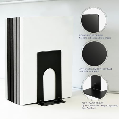 Metal Bookends for Shelves - 4 Pack Compact Organizer for Books, CDs & Vinyl Records