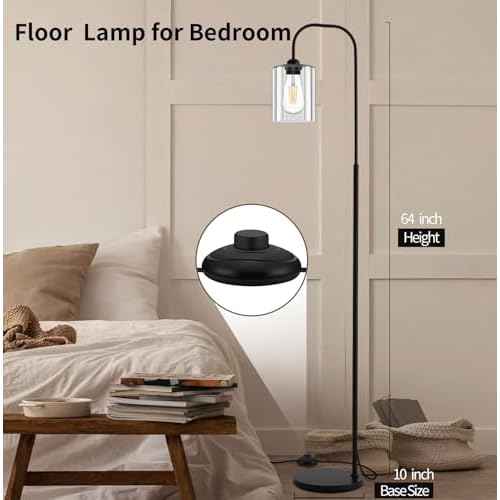Floor Lamps for Living Room, Industrial Floor Lamp for Bedroom, Modern Standing Lamp with Bulb, Foot Pedal Switch Tall Lamp,Glass Lampshade Minimalist Tall Pole Lamp for Office,Nursery (Black)