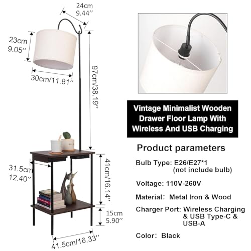 Floor Lamp with Table Industrial Rustic End Table,Industrial Floor Lamp with USB Wireless Charging Port£¦Charging Outlet,Bedside Nightstand Shelves Standing Light Tall Pole lamp with Drawer