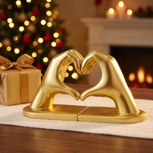 Gold Heart Hands Resin Bookend with Non-Slip Felt Base - Larger Size, Bookends for Living Room, Bedroom, Office | Xmeden Bookend-gold