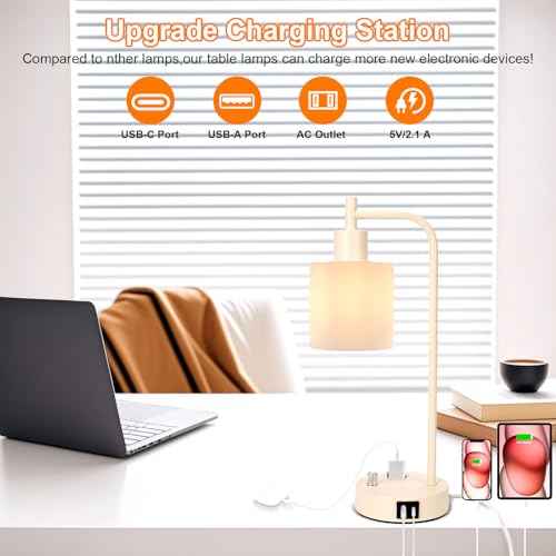 GLITI Industrial Table Lamp Desk Lamp, Stepless Dimmable Desk Lamp with 2 USB Ports and AC Power Outlet, Frosted GlassShade, Eye-Caring Bedside Nightstand Lamps for Bedroom Living Room (Apricot)