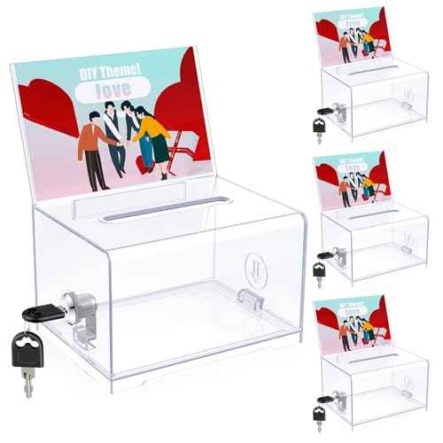 Uniclife 4 Pack Acrylic Donation Box with Lock and Sign Holder 6.2" x 4.7" x 4" Ballot Boxes with Slot Clear Plastic Suggestion Box Storage Container for Fundraising Voting Charity Tip Collection