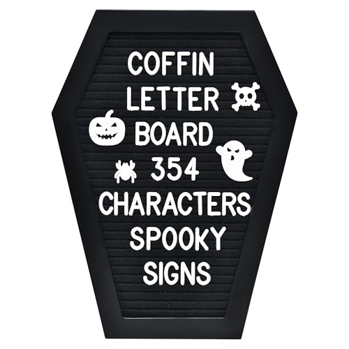 Coffin Letter Board - 354 Characters Spooky Halloween Characters with Wooden Stand and Canvas Bag - 10x7 Inches Small Size - Felt Message Board for Home Office Halloween Supplies & Decor (Black)