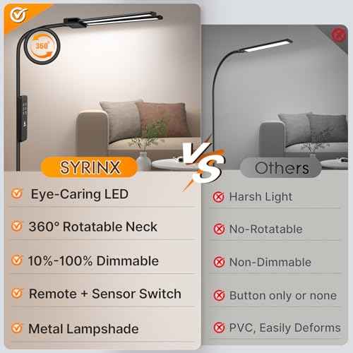 Syrinx LED Floor Lamp, Dual Head Gooseneck Floor Lamps for Living Room with Gesture Switch & Remote Control, 14W Bright Tall Standing Lamp Modern Eye-Caring Reading Floor Lamp for Bedroom Office