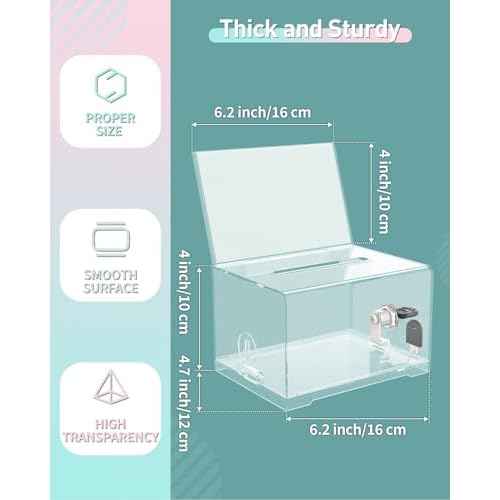 Uniclife 4 Pack Acrylic Donation Box with Lock and Sign Holder 6.2" x 4.7" x 4" Ballot Boxes with Slot Clear Plastic Suggestion Box Storage Container for Fundraising Voting Charity Tip Collection